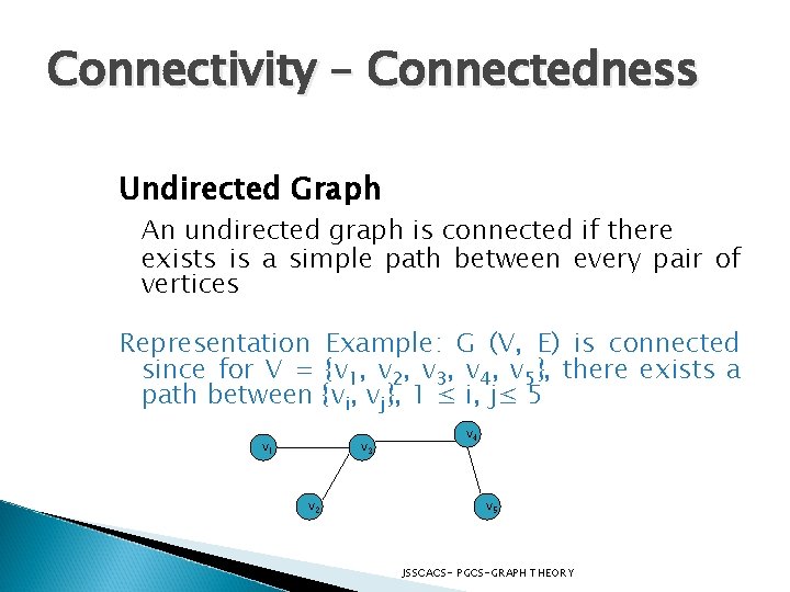 Connectivity – Connectedness Undirected Graph An undirected graph is connected if there exists is