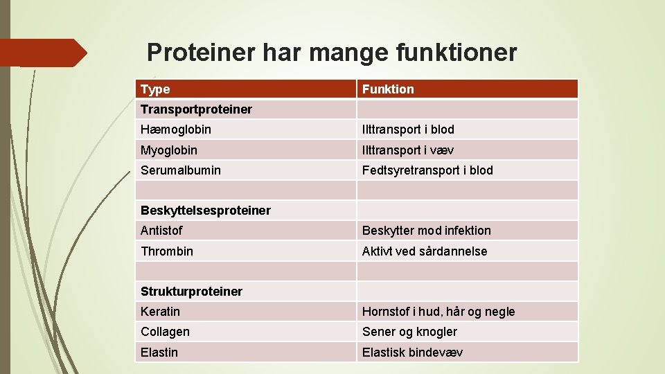 Proteiner har mange funktioner Type Funktion Transportproteiner Hæmoglobin Ilttransport i blod Myoglobin Ilttransport i