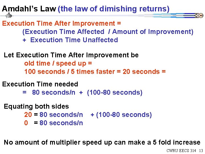 Amdahl’s Law (the law of dimishing returns) Execution Time After Improvement = (Execution Time Amdahl’s Law (the law of dimishing returns) Execution Time After Improvement = (Execution Time