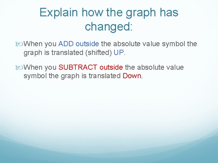 Explain how the graph has changed: When you ADD outside the absolute value symbol