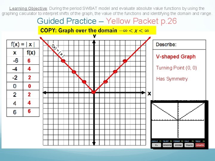 Learning Objective: During the period SWBAT model and evaluate absolute value functions by using