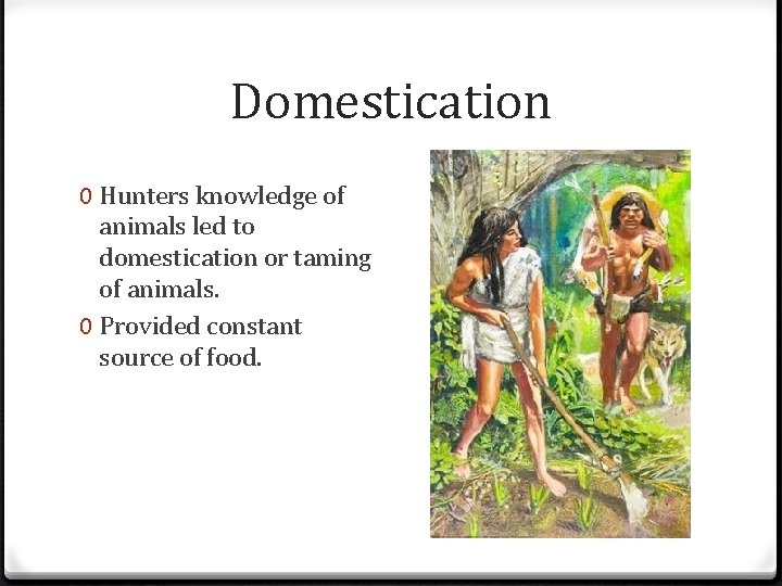 Domestication 0 Hunters knowledge of animals led to domestication or taming of animals. 0