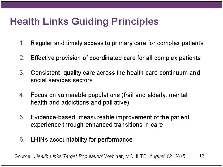 Health Links Guiding Principles 1. Regular and timely access to primary care for complex