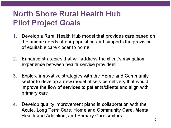 North Shore Rural Health Hub Pilot Project Goals 1. Develop a Rural Health Hub