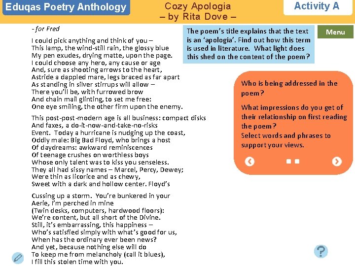Eduqas Poetry Anthology Cozy Apologia – by Rita Dove – - for Fred 1