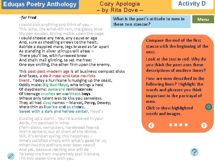 Eduqas Poetry Anthology Cozy Apologia – by Rita Dove – - for Fred 1