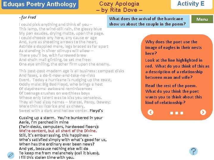 Eduqas Poetry Anthology Cozy Apologia – by Rita Dove – - for Fred 1