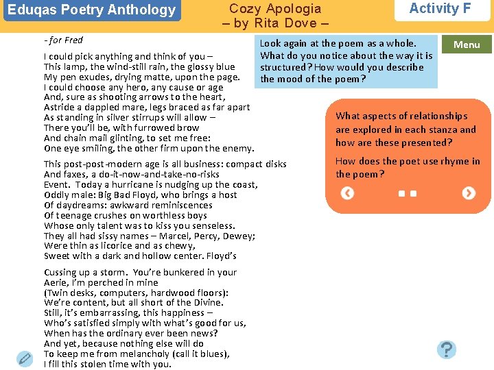 Eduqas Poetry Anthology Cozy Apologia – by Rita Dove – - for Fred 1