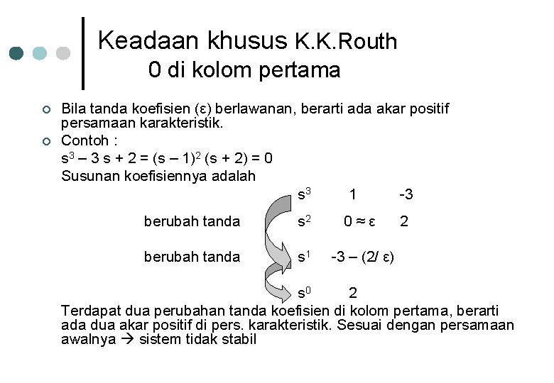 Keadaan khusus K. K. Routh 0 di kolom pertama ¢ ¢ Bila tanda koefisien