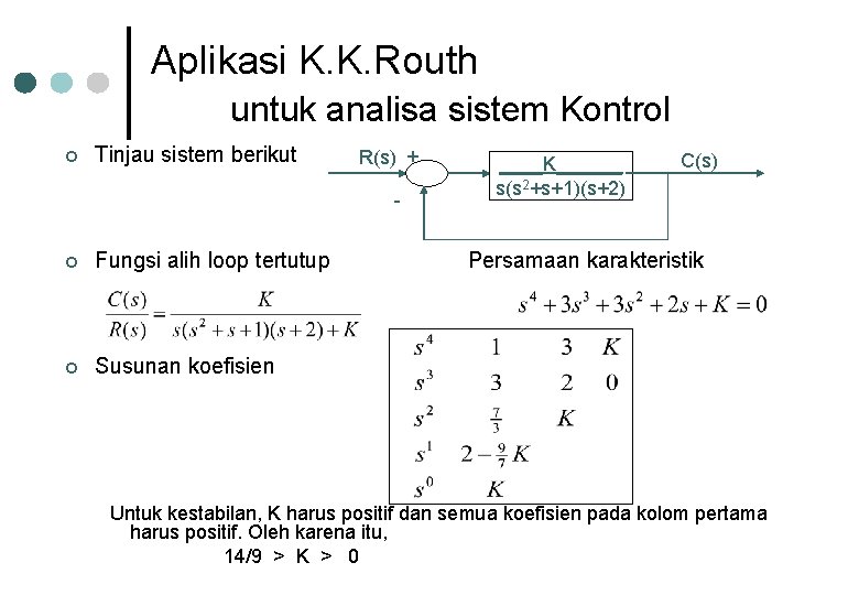 Aplikasi K. K. Routh untuk analisa sistem Kontrol ¢ Tinjau sistem berikut R(s) +