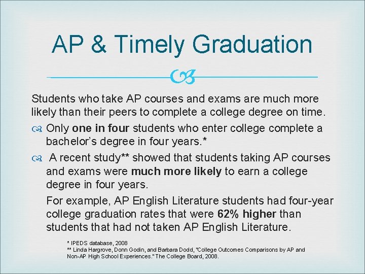 AP & Timely Graduation Students who take AP courses and exams are much more