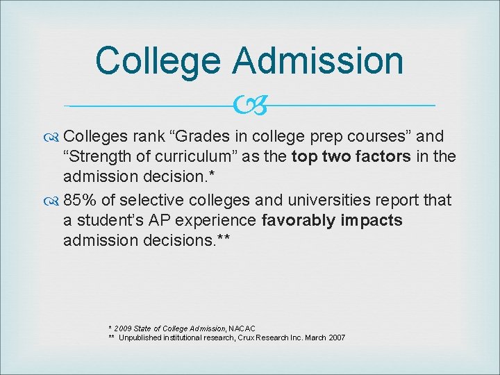 College Admission Colleges rank “Grades in college prep courses” and “Strength of curriculum” as