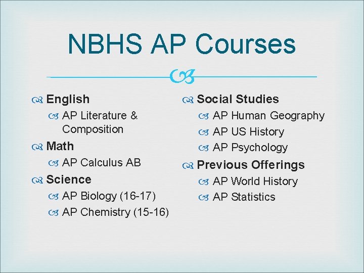 NBHS AP Courses English AP Literature & Composition Math AP Calculus AB Science AP
