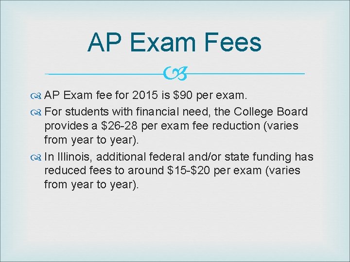 AP Exam Fees AP Exam fee for 2015 is $90 per exam. For students