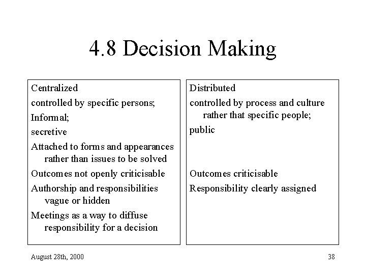 4. 8 Decision Making Centralized controlled by specific persons; Informal; secretive Attached to forms