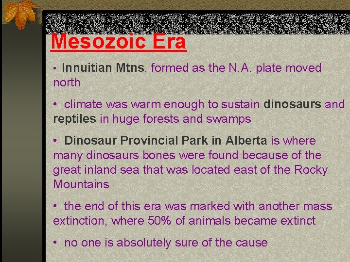 Mesozoic Era Innuitian Mtns. formed as the N. A. plate moved north • •