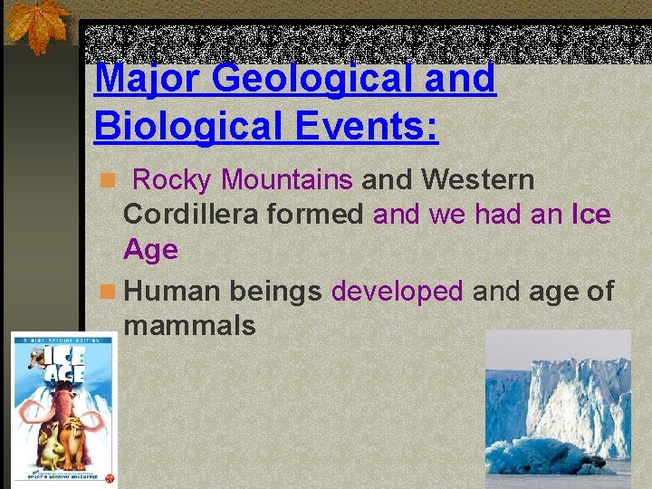 Major Geological and Biological Events: n Rocky Mountains and Western Cordillera formed and we