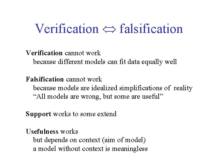 Verification falsification Verification cannot work because different models can fit data equally well Falsification