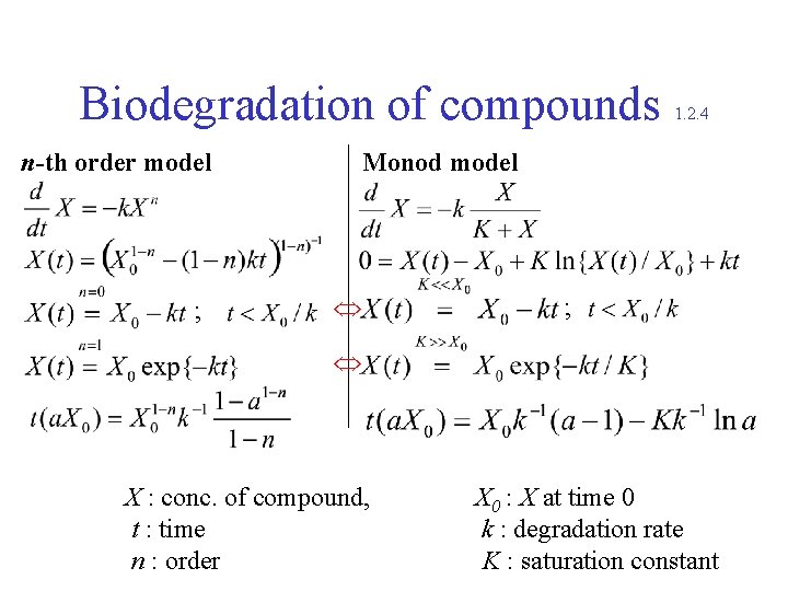 Biodegradation of compounds n-th order model ; 1. 2. 4 Monod model ; X