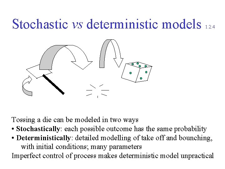 Stochastic vs deterministic models 1. 2. 4 Tossing a die can be modeled in