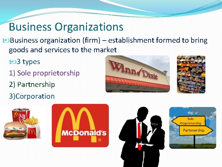 Business Organizations Business organization (firm) – establishment formed to bring goods and services to