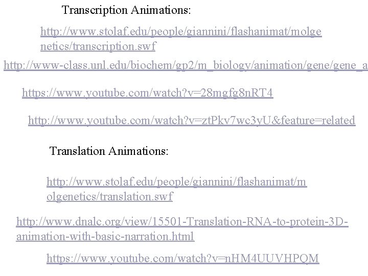 Transcription Animations: http: //www. stolaf. edu/people/giannini/flashanimat/molge netics/transcription. swf http: //www-class. unl. edu/biochem/gp 2/m_biology/animation/gene_a 2
