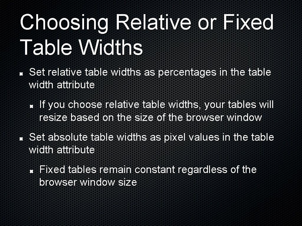 Choosing Relative or Fixed Table Widths Set relative table widths as percentages in the Choosing Relative or Fixed Table Widths Set relative table widths as percentages in the