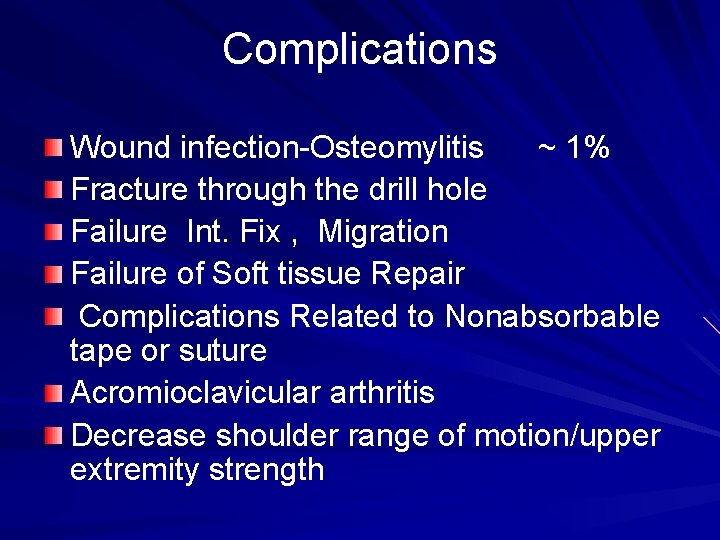 Complications Wound infection-Osteomylitis ~ 1% Fracture through the drill hole Failure Int. Fix ,