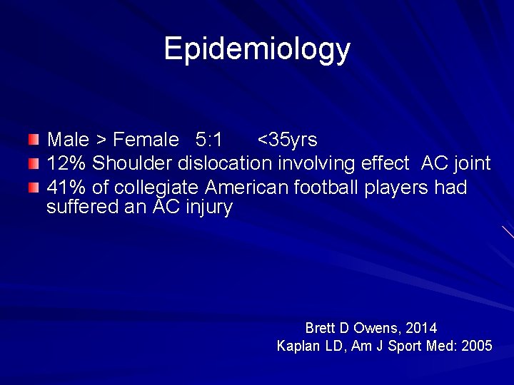 Epidemiology Male > Female 5: 1 <35 yrs 12% Shoulder dislocation involving effect AC