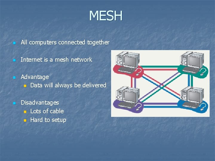 MESH n All computers connected together n Internet is a mesh network n n
