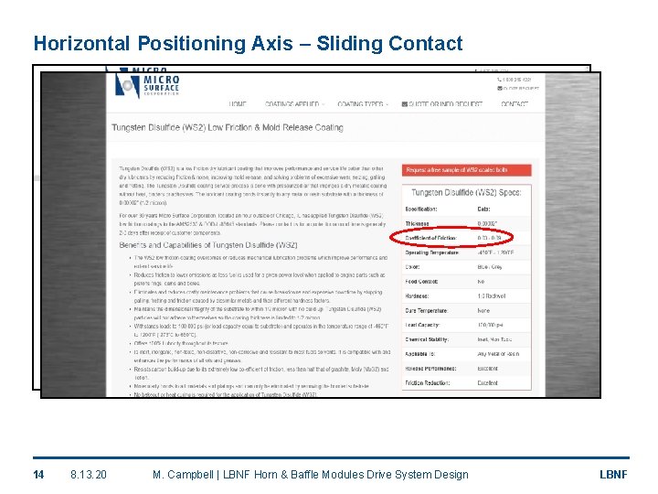 Horizontal Positioning Axis – Sliding Contact 14 8. 13. 20 M. Campbell | LBNF