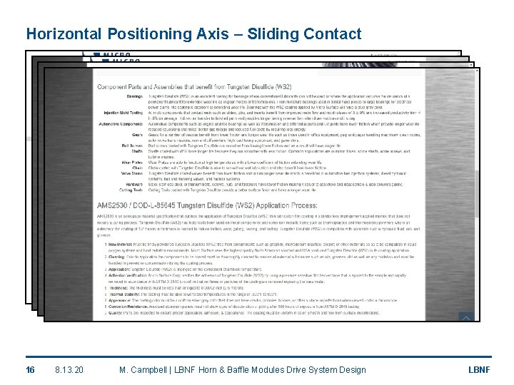 Horizontal Positioning Axis – Sliding Contact 16 8. 13. 20 M. Campbell | LBNF