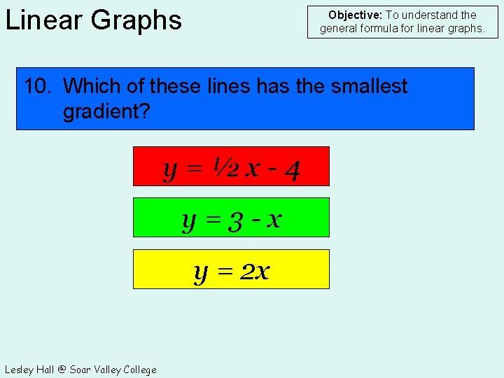 Linear Graphs Objective: To understand the general formula for linear graphs. 10. Which of