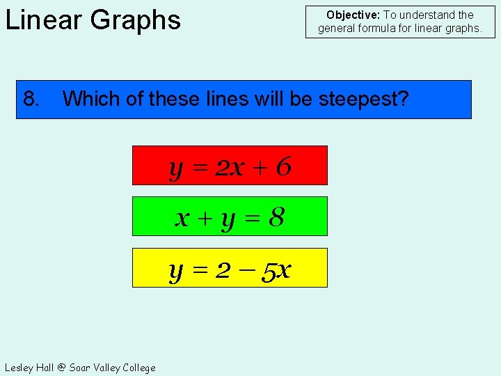 Linear Graphs 8. Objective: To understand the general formula for linear graphs. Which of