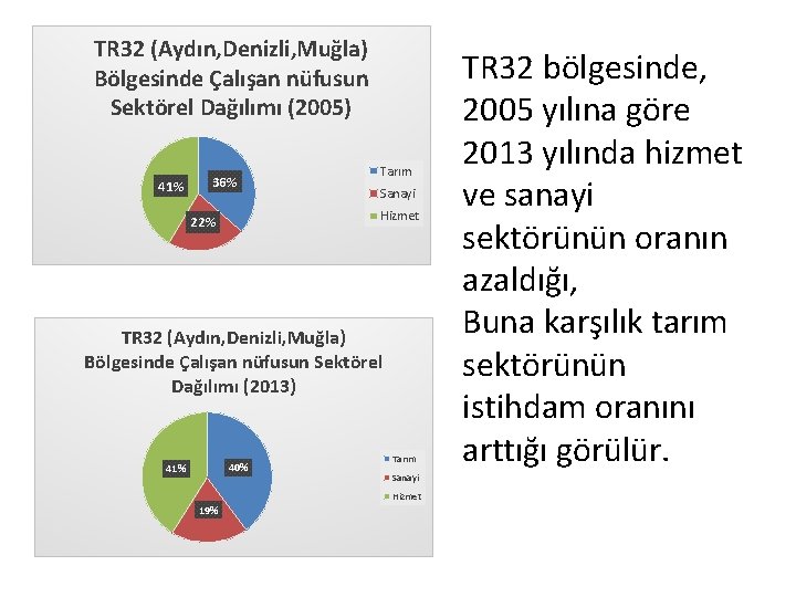 TR 32 (Aydın, Denizli, Muğla) Bölgesinde Çalışan nüfusun Sektörel Dağılımı (2005) 41% 36% Tarım