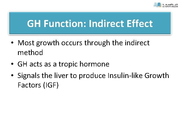 GH Function: Indirect Effect • Most growth occurs through the indirect method • GH