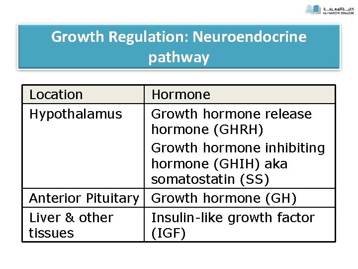 Growth Regulation: Neuroendocrine pathway Location Hypothalamus Hormone Growth hormone release hormone (GHRH) Growth hormone