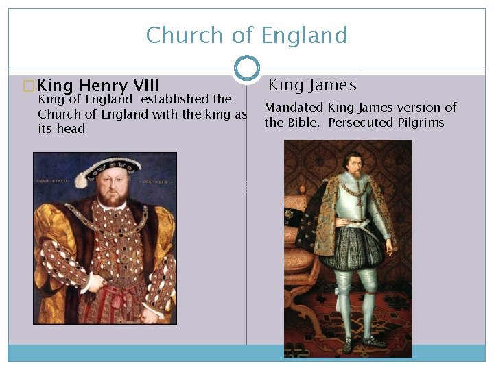Church of England �King Henry VIII King of England established the Church of England