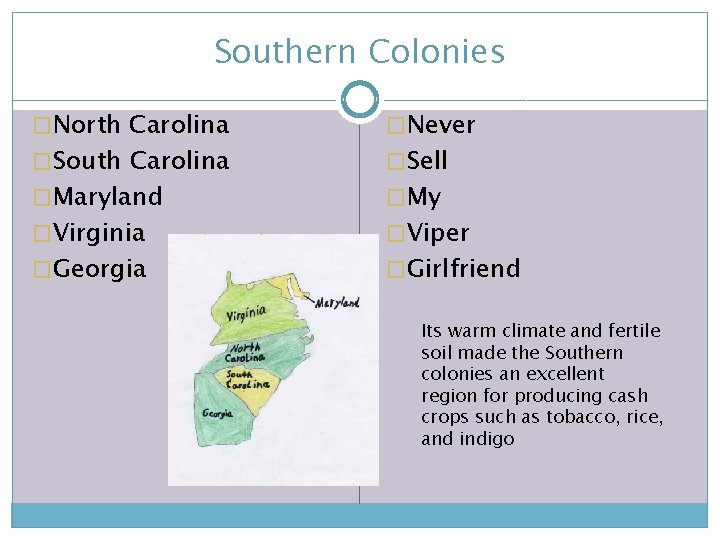 Southern Colonies �North Carolina �Never �Maryland �My �South Carolina �Virginia �Georgia �Sell �Viper �Girlfriend