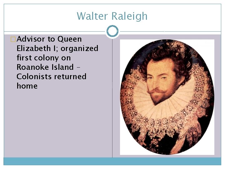 Walter Raleigh �Advisor to Queen Elizabeth I; organized first colony on Roanoke Island –