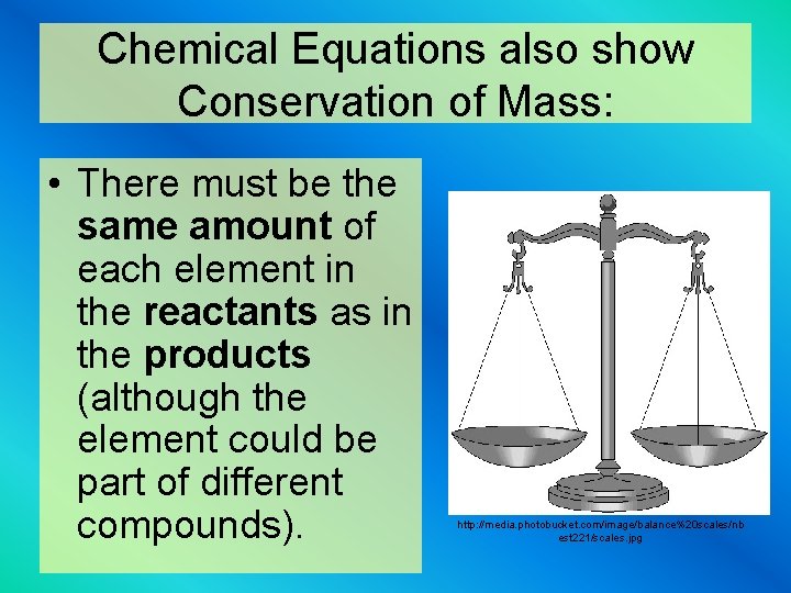 Chemical Equations also show Conservation of Mass: • There must be the same amount