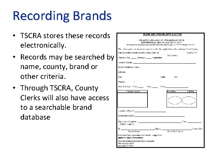 Recording Brands • TSCRA stores these records electronically. • Records may be searched by