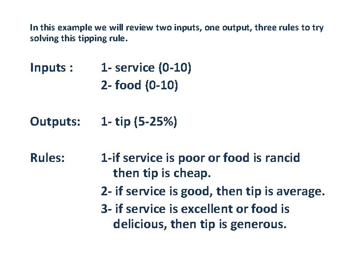In this example we will review two inputs, one output, three rules to try