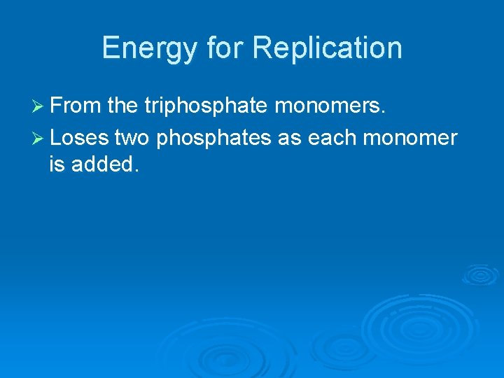 Energy for Replication Ø From the triphosphate monomers. Ø Loses two phosphates as each