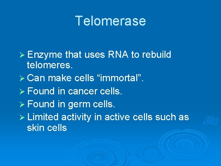 Telomerase Ø Enzyme that uses RNA to rebuild telomeres. Ø Can make cells “immortal”.