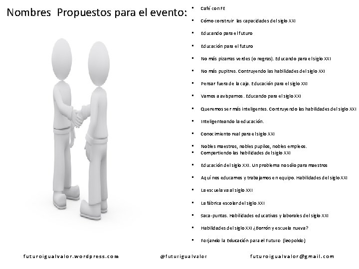 Nombres Propuestos para el evento: futuroigualvalor. wordpress. com • Café con FE • Cómo