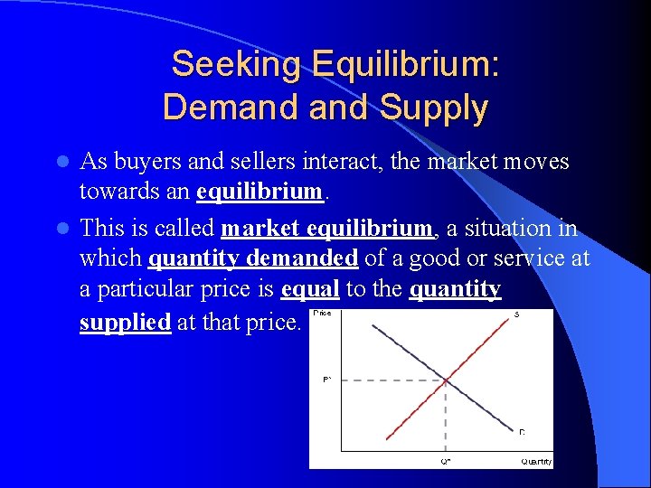 Seeking Equilibrium: Demand Supply As buyers and sellers interact, the market moves towards an