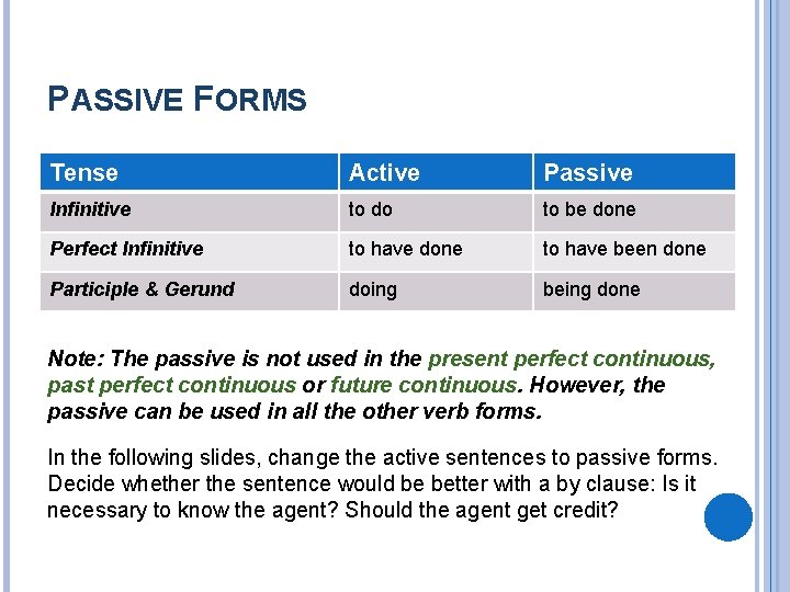 PASSIVE FORMS Tense Active Passive Infinitive to do to be done Perfect Infinitive to PASSIVE FORMS Tense Active Passive Infinitive to do to be done Perfect Infinitive to