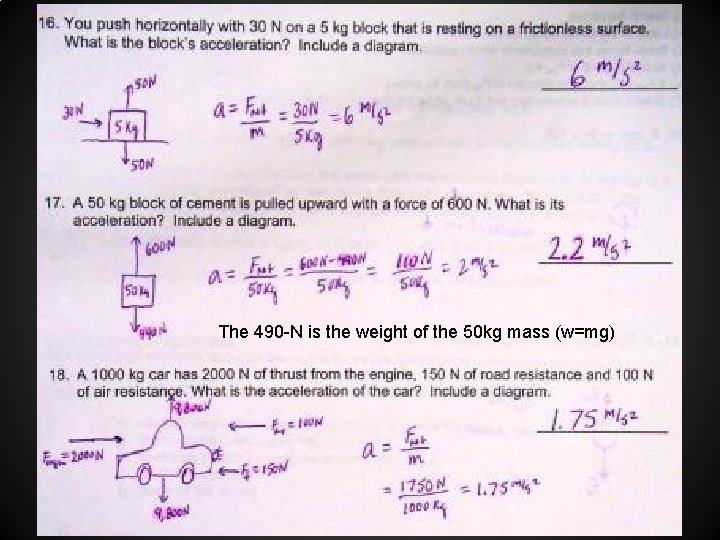 The 490 -N is the weight of the 50 kg mass (w=mg) 