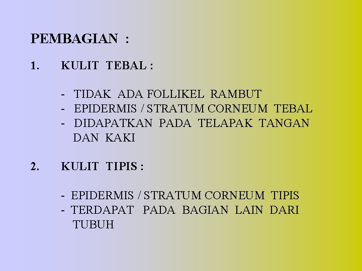 PEMBAGIAN : 1. KULIT TEBAL : - TIDAK ADA FOLLIKEL RAMBUT - EPIDERMIS /